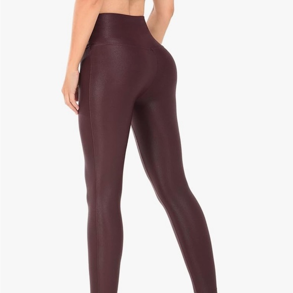Women's High-Waisted Burgundy Faux Leather Leggings - Picture 4 of 4
